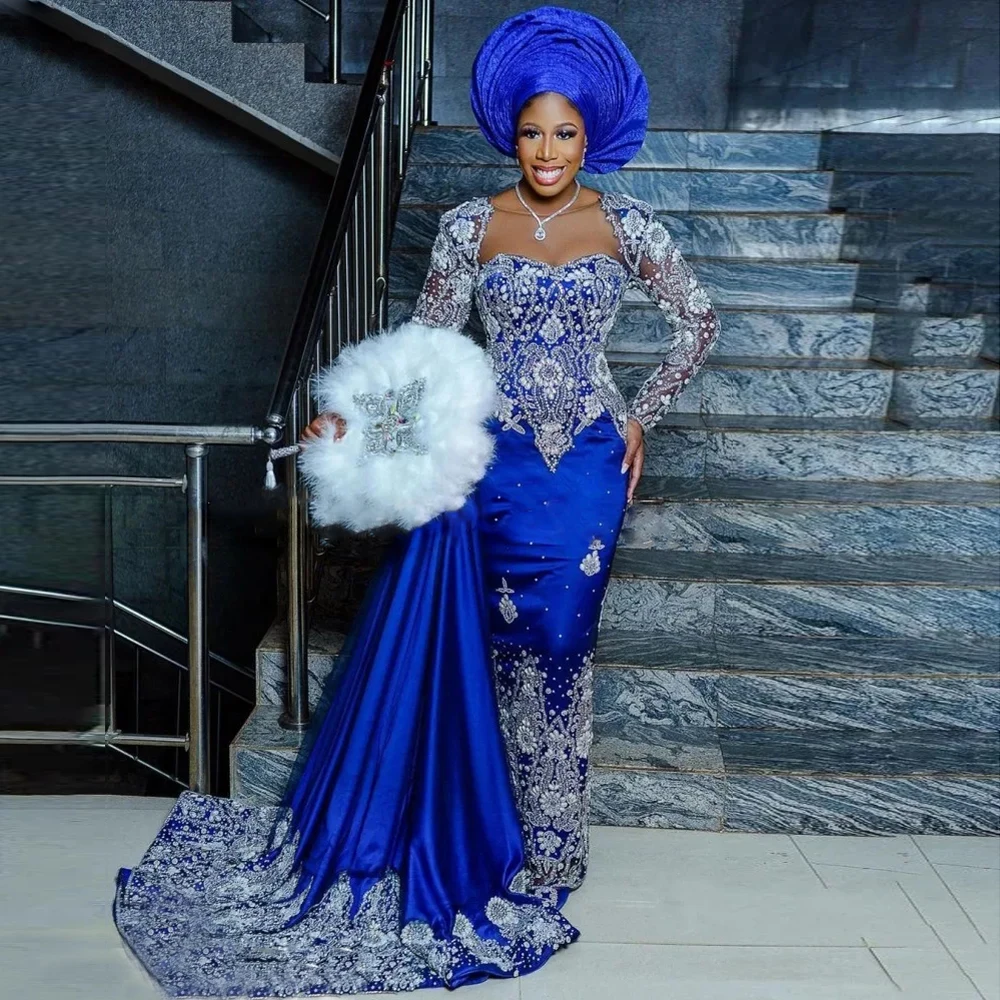 

Luxury Beading Blue Prom Dresses Aso Ebi Formal Evening Gowns Long Sleeves African Nigerian Wedding Reception Dress Plus Size