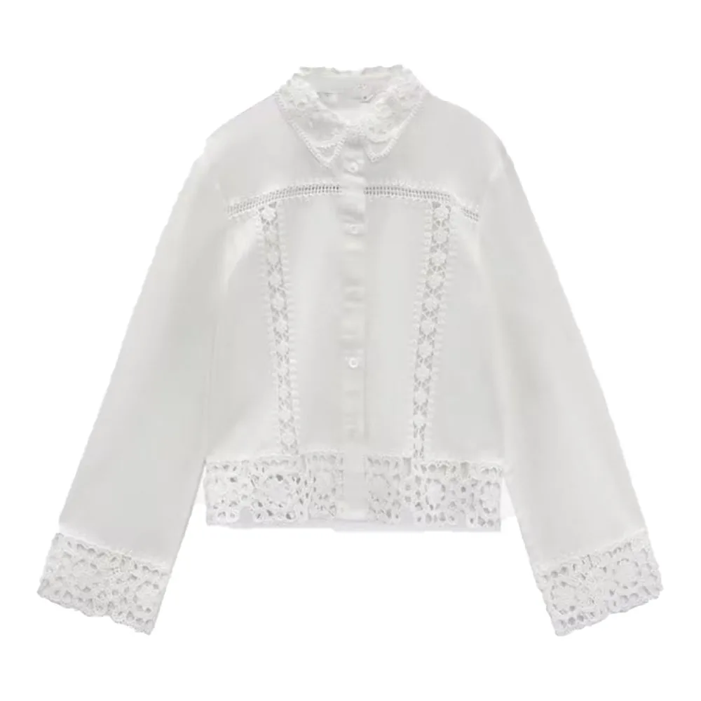 

Zach AiIsa Высококачественная Новая женская модная универсальная хлопковая рубашка с отложным воротником и длинными рукавами с вышивкой крючк...