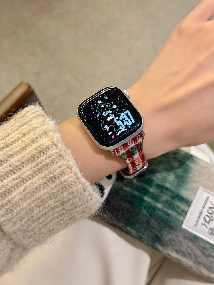 Фото Шерстяной кожаный ремешок в стиле ретро для iWatch Ultra 11 10 9 8 7 6 5 Se 4 Рождественский ремешок для Apple Watch 40 мм 41 мм 42 мм 44 45 мм 46 мм 49 мм №2