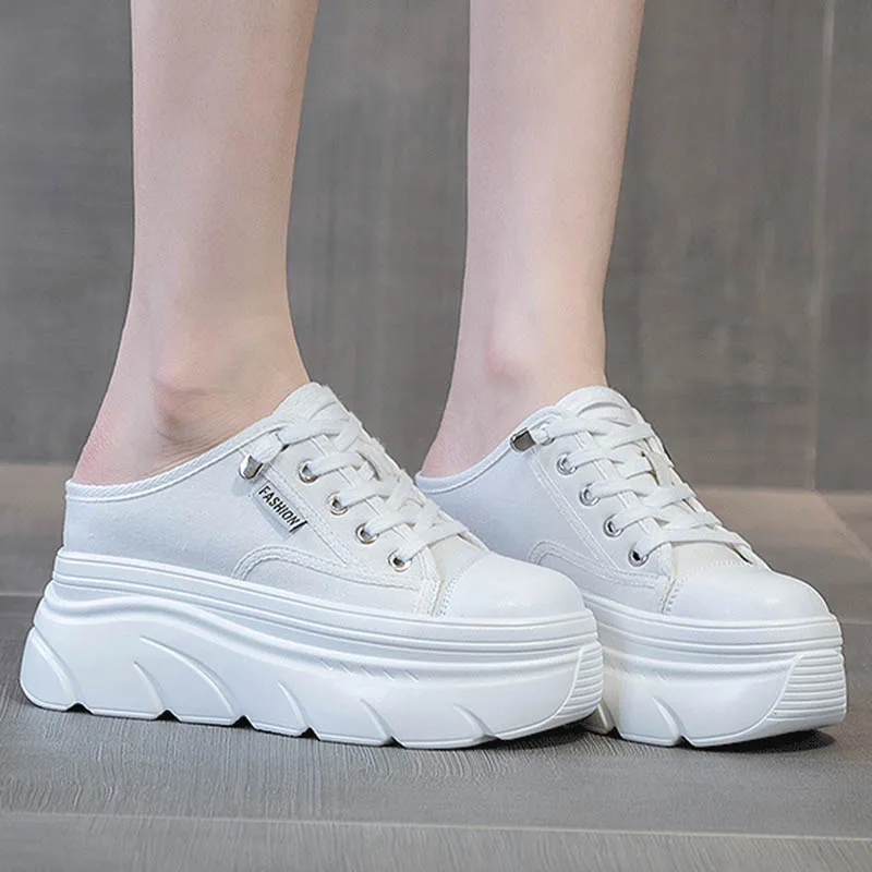 2023 New 9cm Canvas Genuine Leather Women Summer Shoes Wedge Sneakers Platform Slippers Shoes Slip on Sandals Slideds High Heel