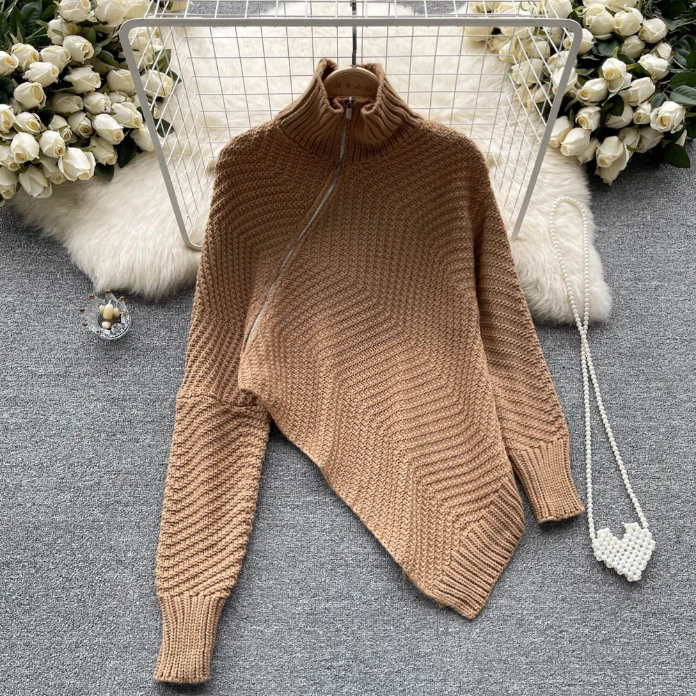 

Новинка 2022, Модный женский свитер на молнии с высоким воротником и длинным рукавом, универсальный трикотажный пуловер