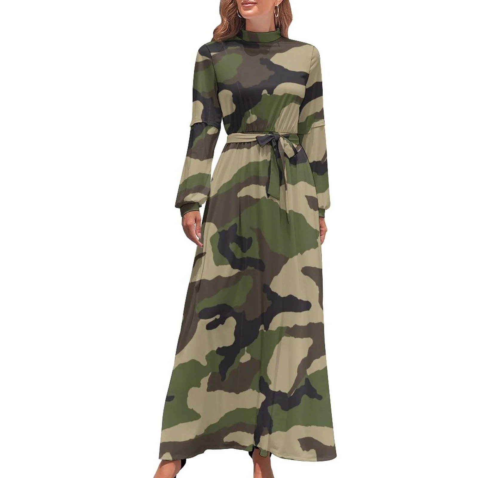 

Classic Military Camo Dress Long Sleeve Jungle Camouflage Cute Maxi Dress Summer High Waist Street Style Bohemia Long Dresses
