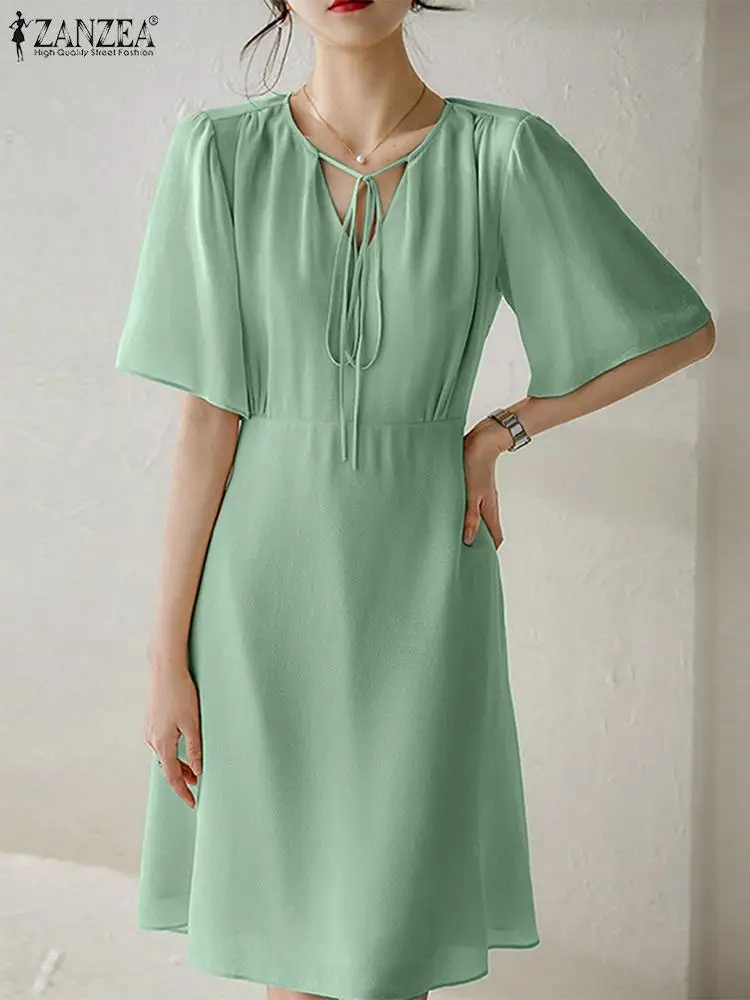 

ZANZEA Lace Up Short Sleeve Mini Dress Waisted Elegant 2022 Summer V neck Vestidos Mujer Casual Korean Fashion Women Short Robes