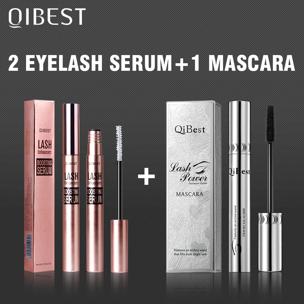

QIBEST 2PCS Eyelash Growth Treatments Essence And 1 PC 4D Black Mascara Kit Eyelash Enhancer Longer Fuller Thicker Lashes Makeup