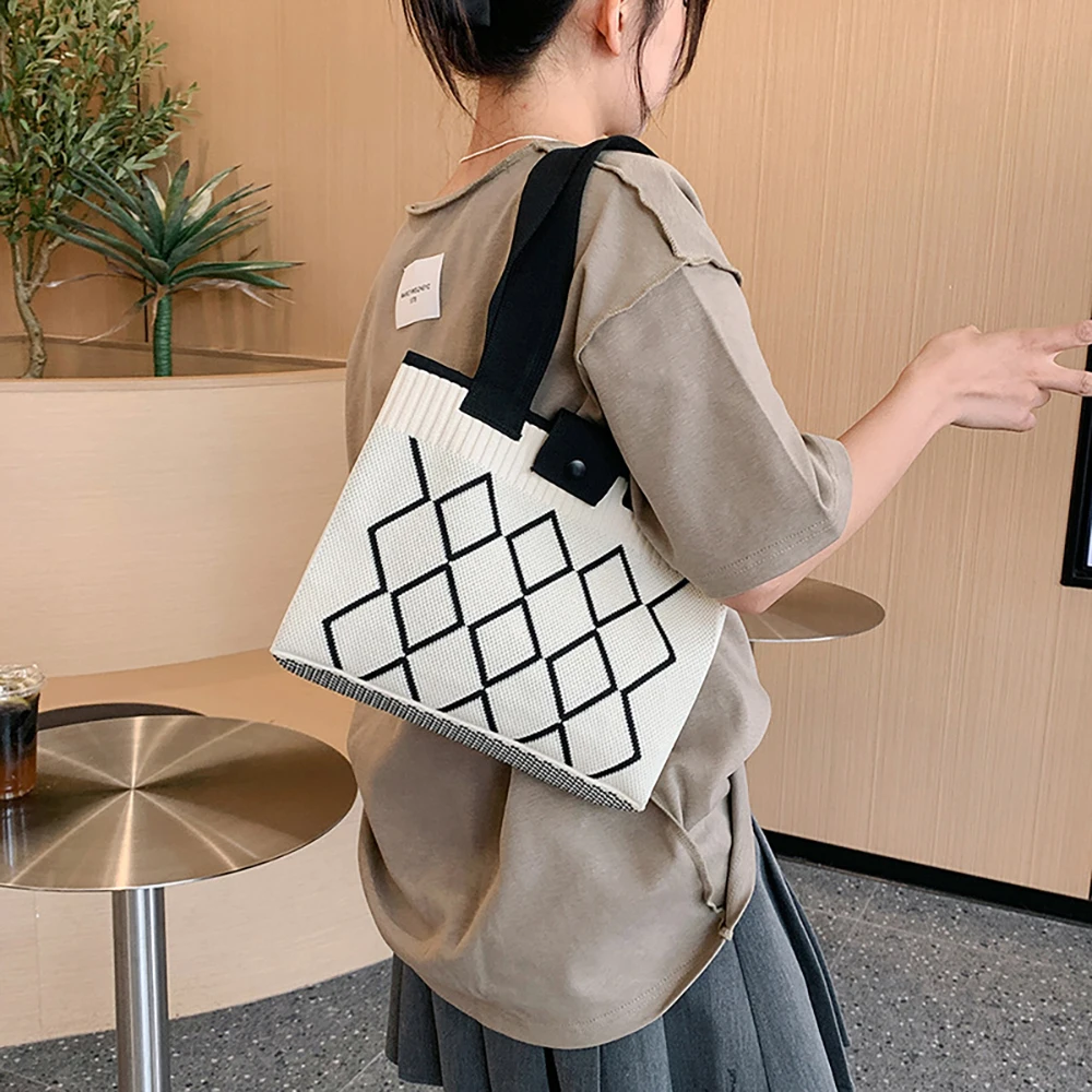 

Knit Handbag Women Candy Color Crossbody Bag Casual Geometric Plaid Mobile Phone Bags Student Girls Reusable Shopping Totes
