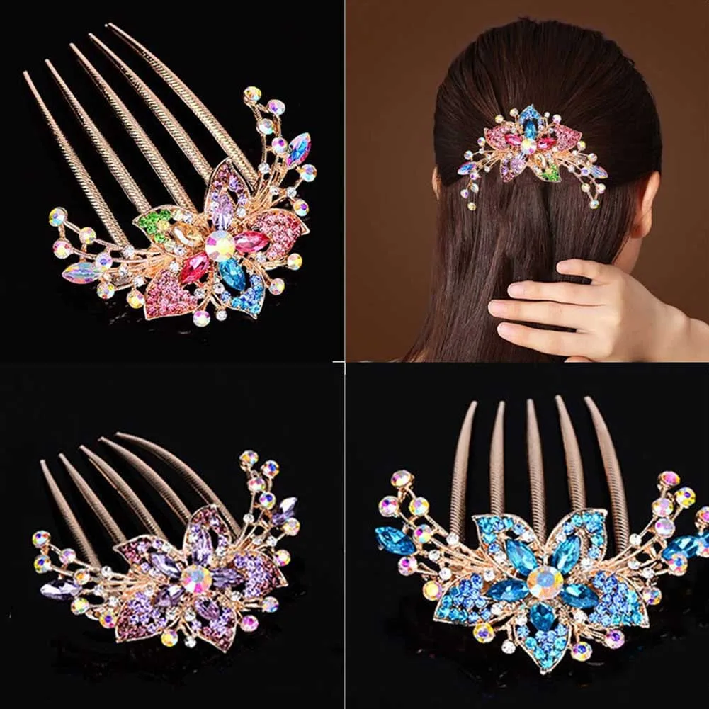 

2022 Vintage Flower Crystal Hairclips Fashion Hair Maker Bun Hair Combs Plastic Shiny Hairpins for Women Hair Accessories Gift