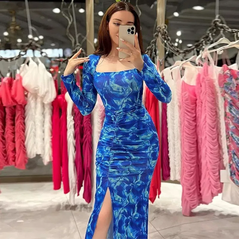 

Dress Ladies 2023 Summer Cover Up Pareo Beach For Women New Long Sleeve Print Sexy Backless Split Slim One Spandex Swimsuit