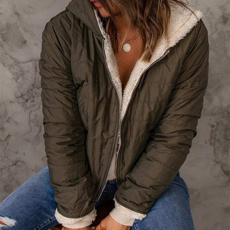 Cotton Clothing Female Winter Long-Sleeved Zipper Loose Dark Green Lapel Warm Jacket Tops Female 2022