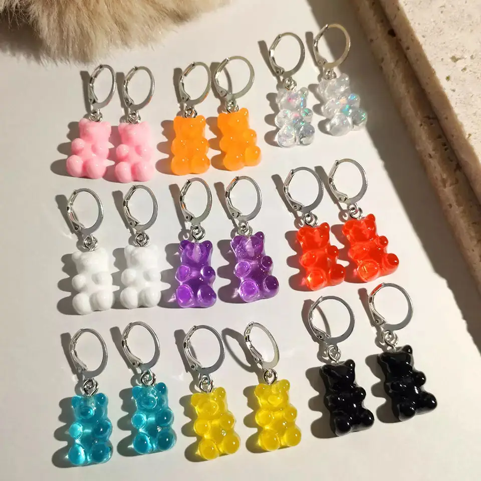 

New Trendy Cute Candy Color Transparent Bear Dangle Earrings for Girls Women Fashion Colorful Resin Animal Drop Earrings Jewelry