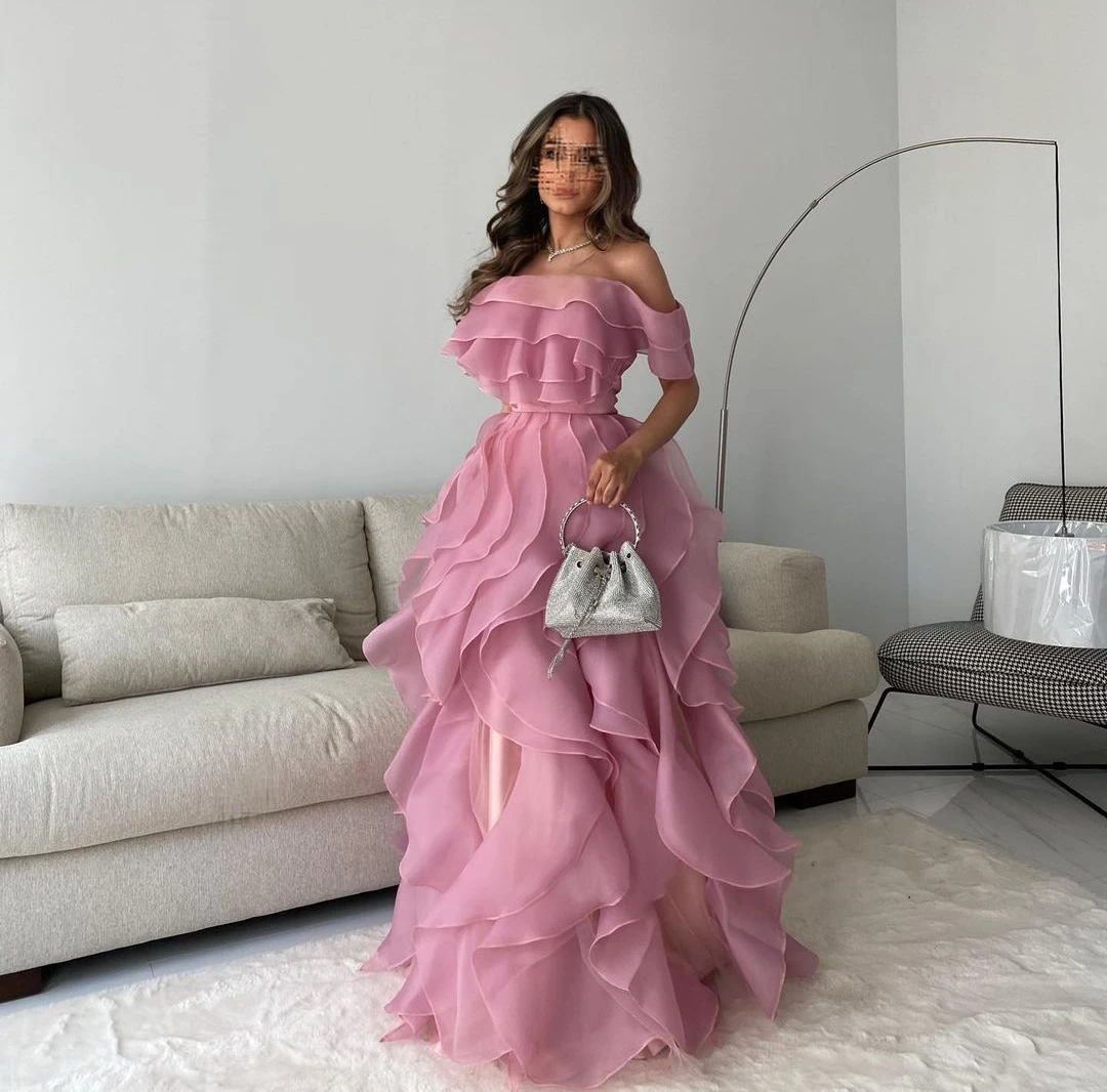 

Other Shore Pink Tulle Ruffles Prom Dress A Line Off Shoulder Women Floor-Lengt Prom Dress 2023 Saudi Arabic فساتين سهره فاخره