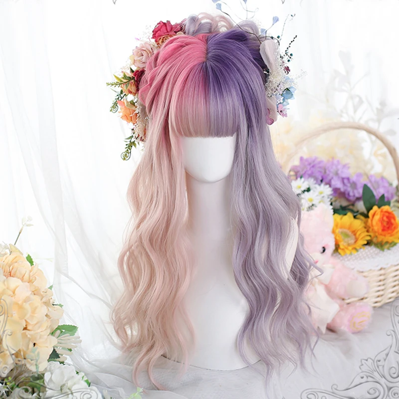 

PAGEUP Long Synthetic Wavy Wig With Bang Light Purple Pink Two-tone Wig High Temperature Fiber For Women Cosplay Party