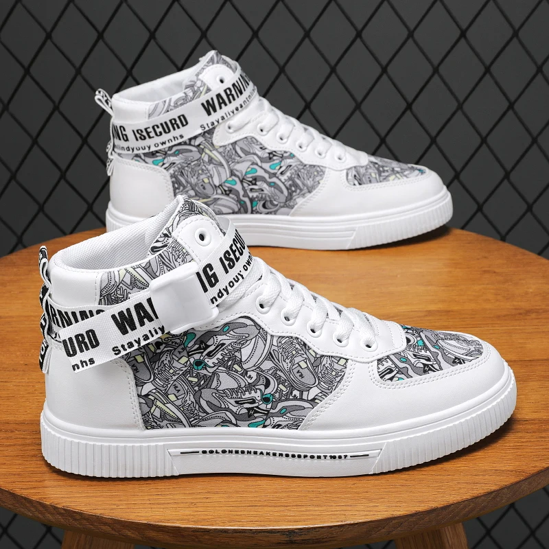 

Men High Shoes Top Quality Leather Sneakers Men Buckle Design Letter Printed Shoes Men Comfortable Trainers Male Vulcanize Shoes