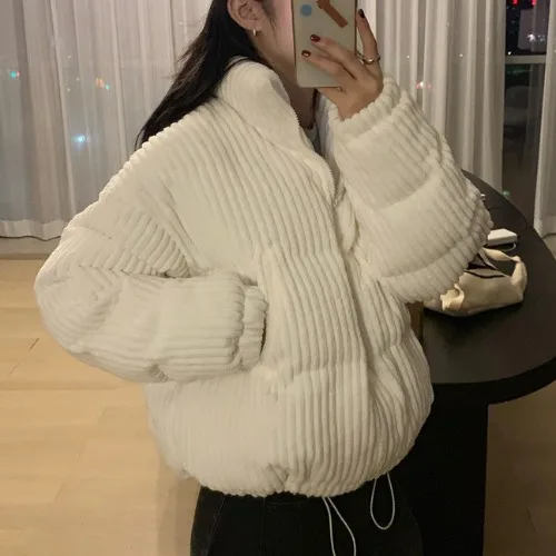 New Women Winter Corduroy Jacket Casual Solid Coat Down Short Thickening Warmth Overcoat Fashion Loose Zipper Jacket Streetwear