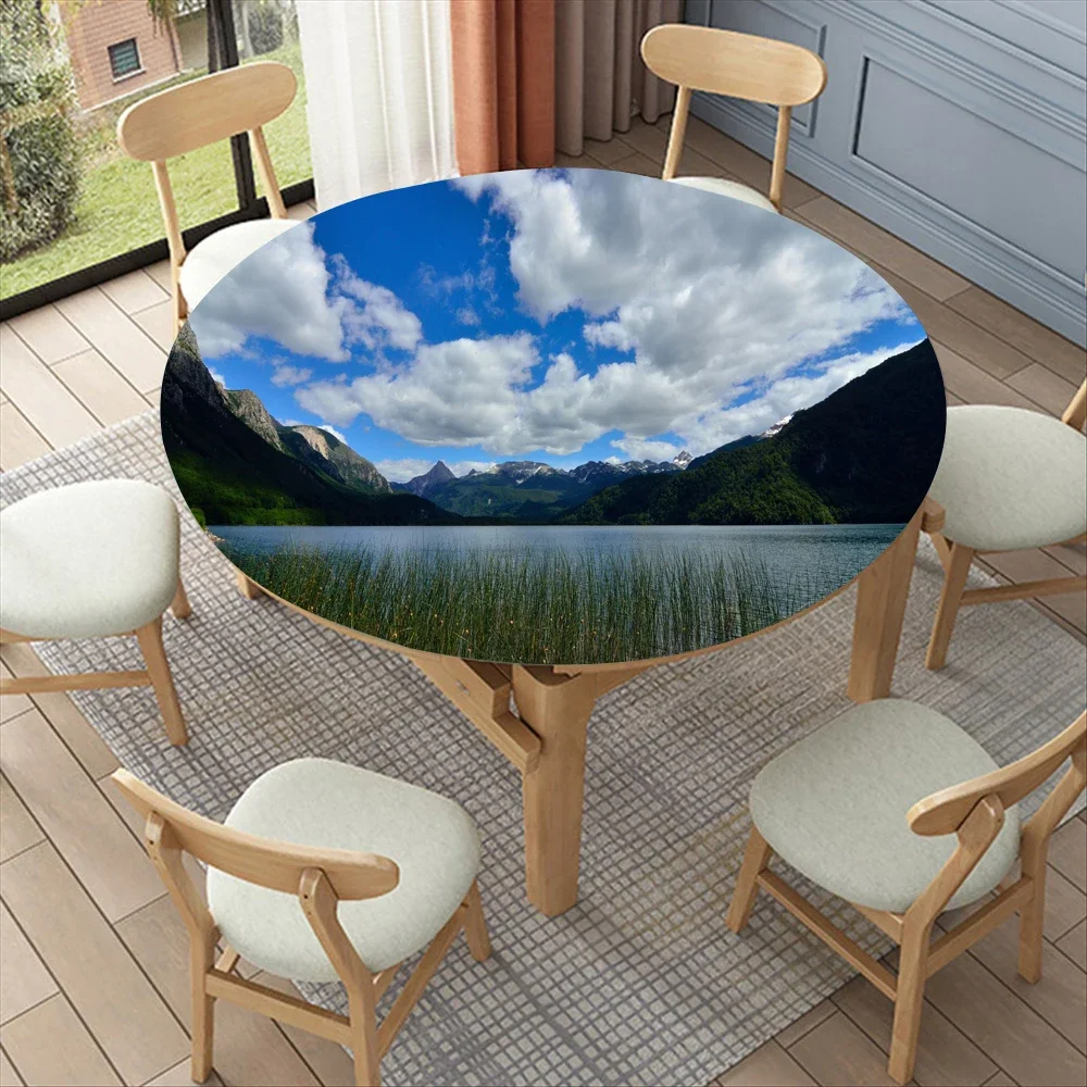 Landscape Tablecloth with Elastic Band Mountain Style for Summer Dining and Home Decor Waterproof Table Cloth