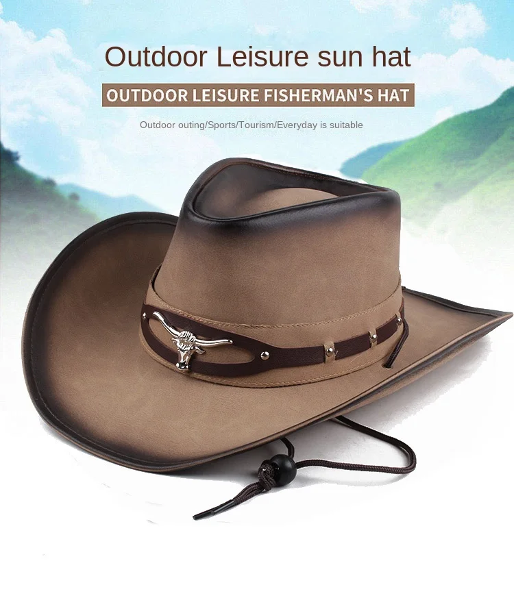 

Spring and Summer Hat Men's Wide Brim Leather Sun Protection Sun Hat Edge Horse Riding Hat Grassland Cowboy Hat