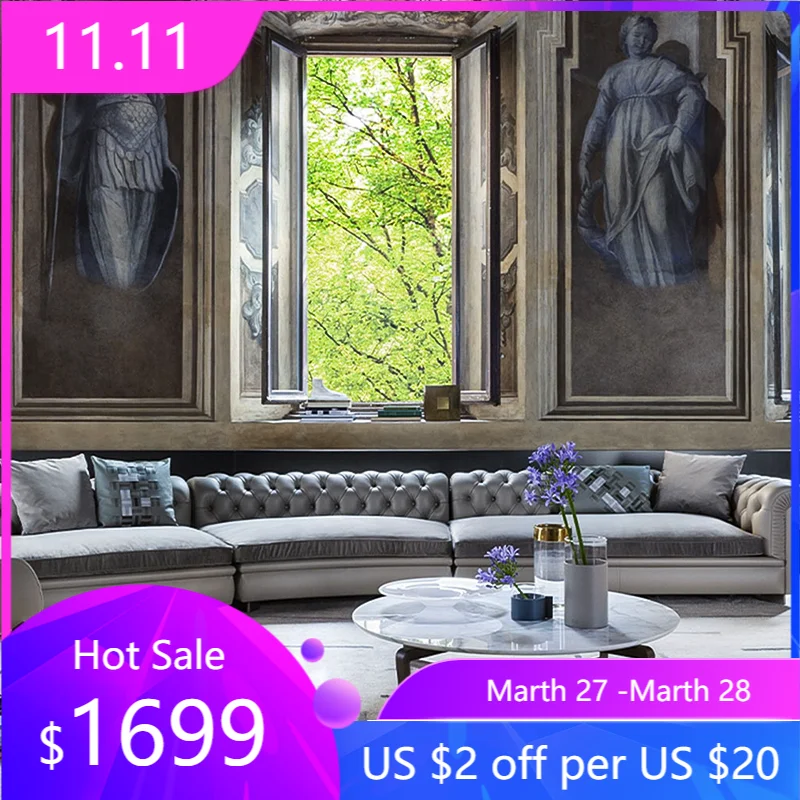 

Italian style light luxury leather combination American style pull buckle creative villa large apartment imported curved cowhide