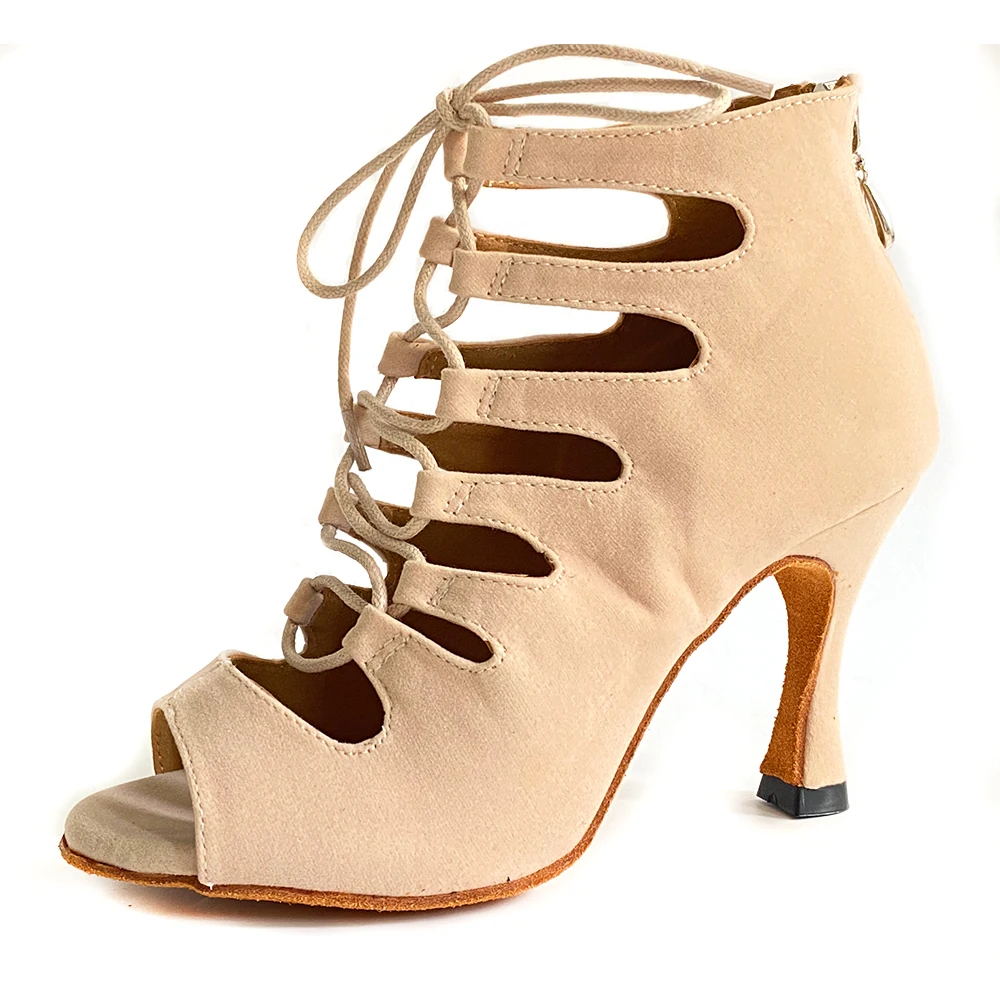 Girls Dance High Heels Indoor Outdoor Dance Shoes 9cm 8cm Khaki Suede Leather Latin Salsa Dance Shoes Ballroom For Women