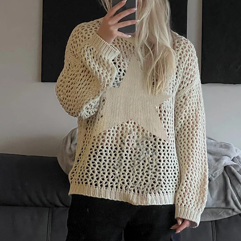Fashion Distressed Crochet Star Sweater Pullovers Oversized Loose Holes Knitted Jumper Smock Y2k Harajuku Streetwear 90s Sweater
