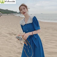 french first love casual dress female summer 2022 new korean fashion waist closed blue fairy medium length skirt