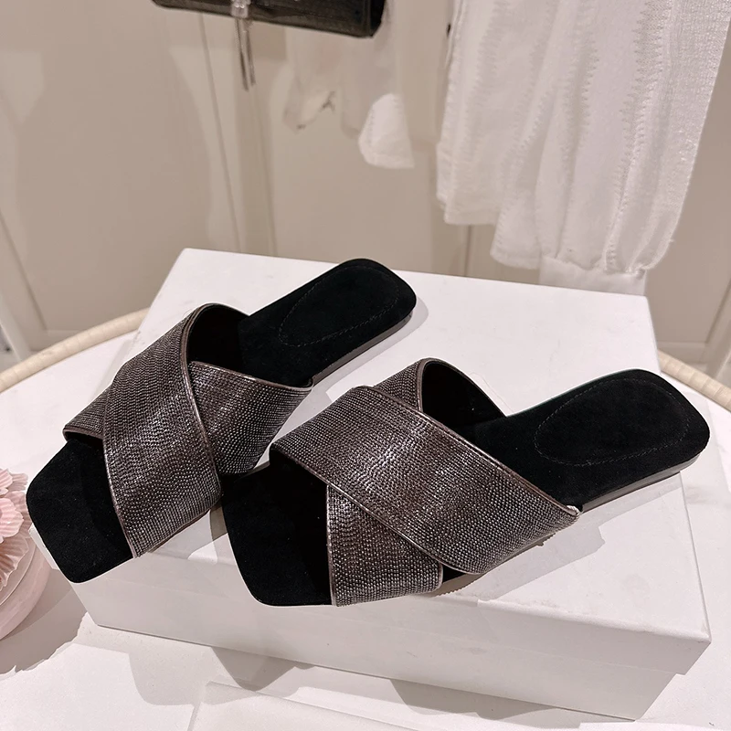 

Bling Design Slippers Women 2023 Newest Summer Shoes Flat Square Toe Slipper Fashion Ladies Zapatillas De Mujer