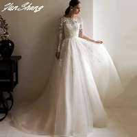 yunshang long sleeve wedding dress 2022 a line o neck lace appliques button tulle train vintage bride gown vestidos de noiva