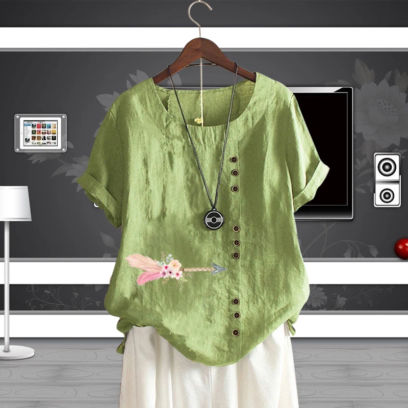 

Creative Floral Arrow Pattern Shirt Pullover Casual Loose T Shirt for Lady Women's Cotton Linen Short Sleeve O Neck Plus Size