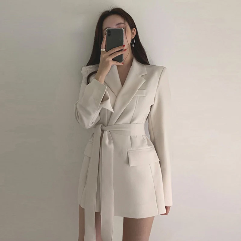 2023 Women British Style Elegant Black Beige Blazer Coat Long Outwear Jacket Sashes Fall OL Korean New Fashion Solid Blazers