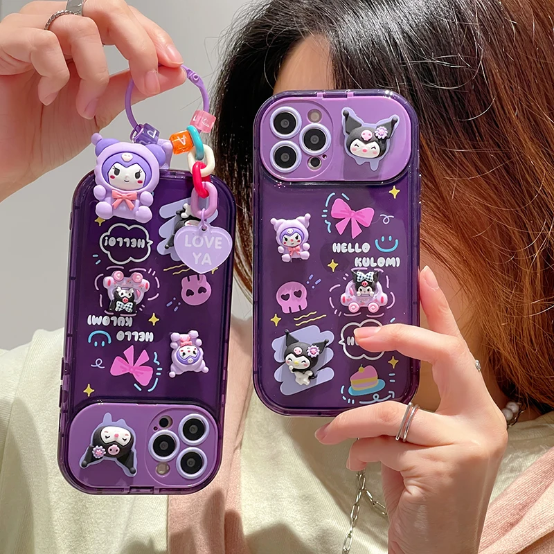 Sanrio kuromi with 3D Doll Ornaments Pendant Makeup Mirror Phone Cases For iPhone 14 13 12 11 Pro MAX Plus Transparent Cover