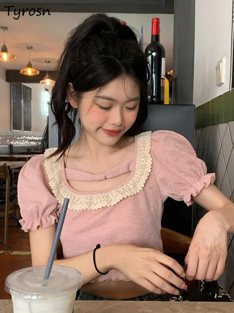 

Футболки женские пикантные Милые простые универсальные пэчворк элегантные летние с пышными рукавами Повседневный дизайн для девочек корейский стиль с оборками для отдыха