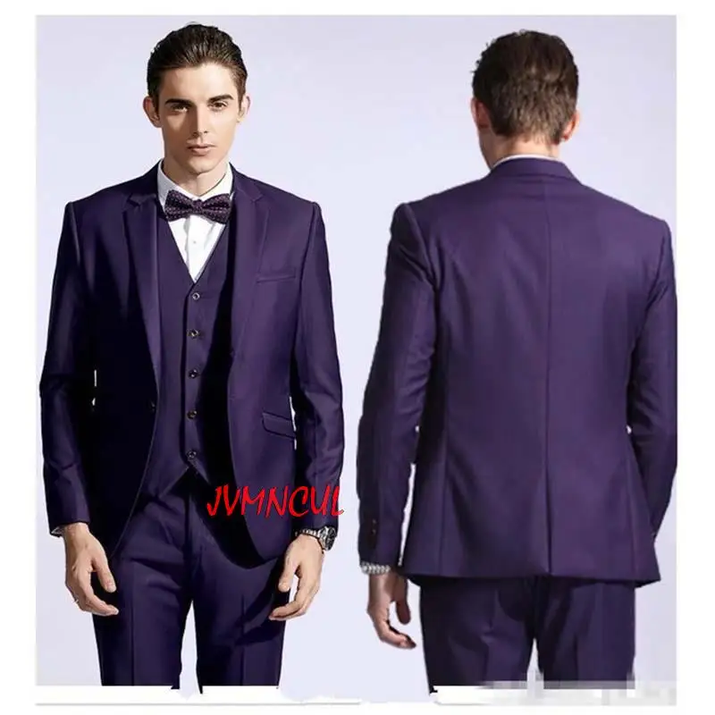 

Purple Slim Fit Groom men suit Tuxedos Notched Lapel Men's Wedding Prom Clothing Business Mens Suits (Coat+Pant+Vest+Bow)Trouser