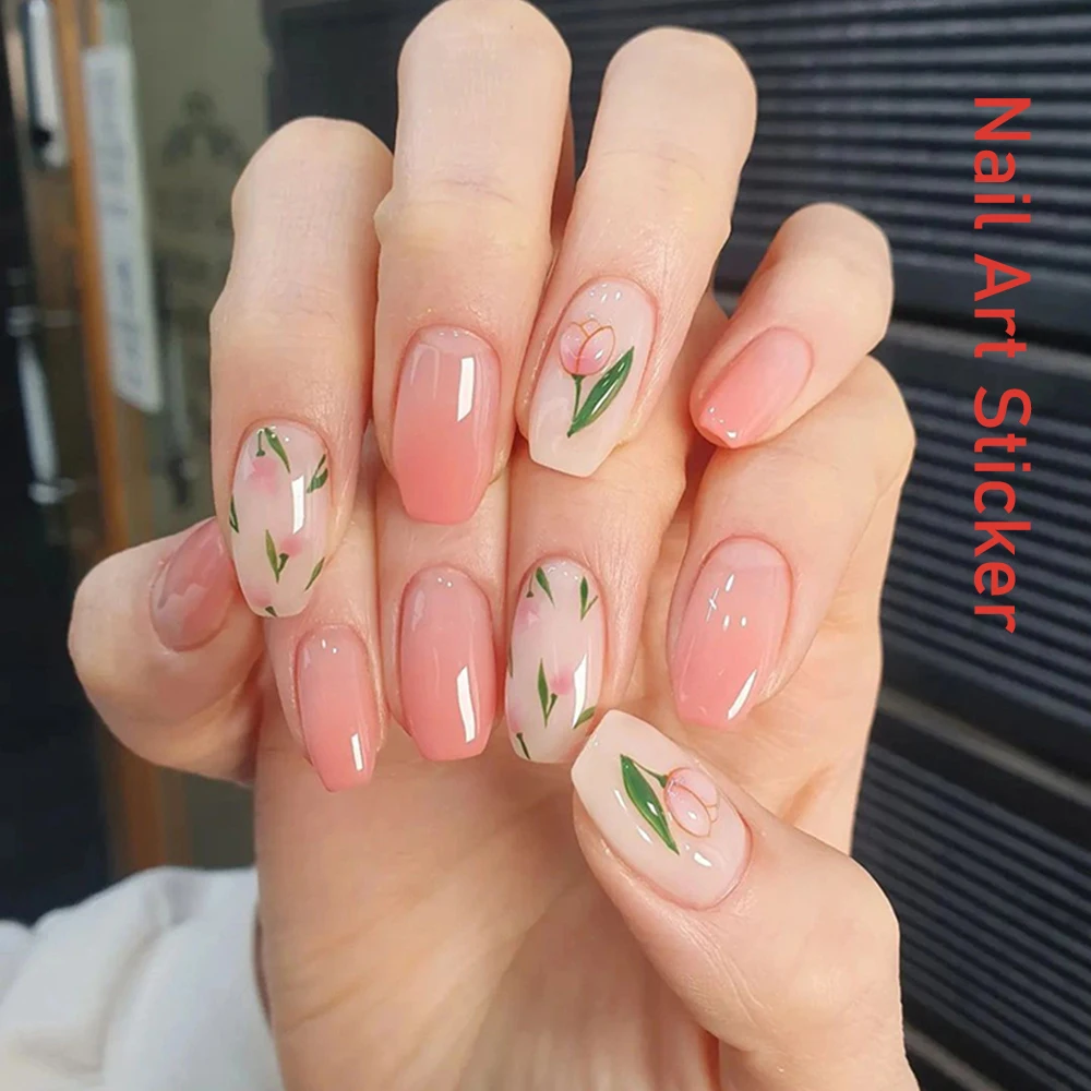 

New Tulip Series Nail Art Sticker 3D Pink Flower Design Ultrathin Decor Slider Manicure Decal Nail Parts Supplies Press on Nails