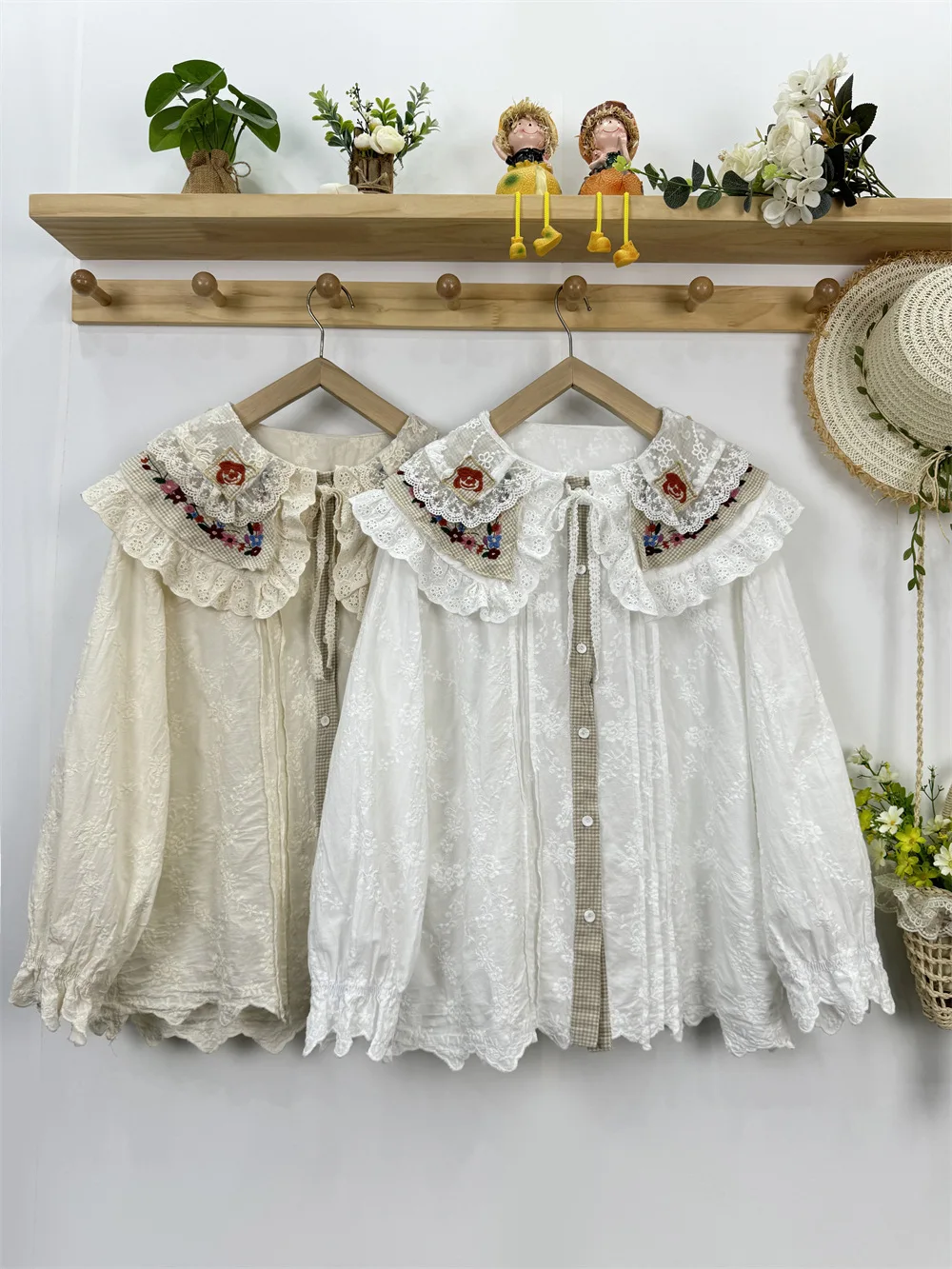 Рубашки и блузки с вышивкой Mori kei в японском стиле ретро двойным воротником