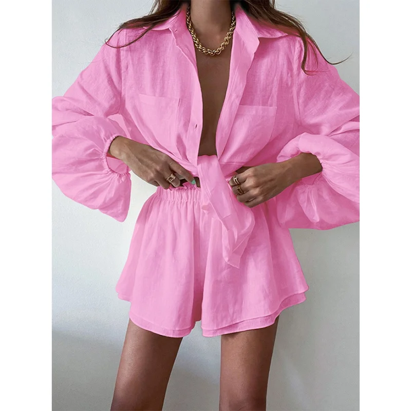 

Pink Short Sets Women Casual Loose High Waist Shorts With Shirt Fit Outfits Summer Fashion Solid Female 2 Two Piece Sets