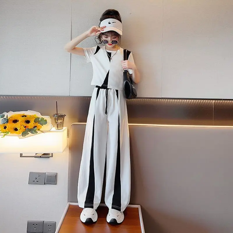 

Спортивный костюм для девочек-подростков, кофта и брюки с широкими штанинами, повседневный комплект из 2 предметов, на возраст 6, 8, 10, 12, 14 лет, летняя одежда