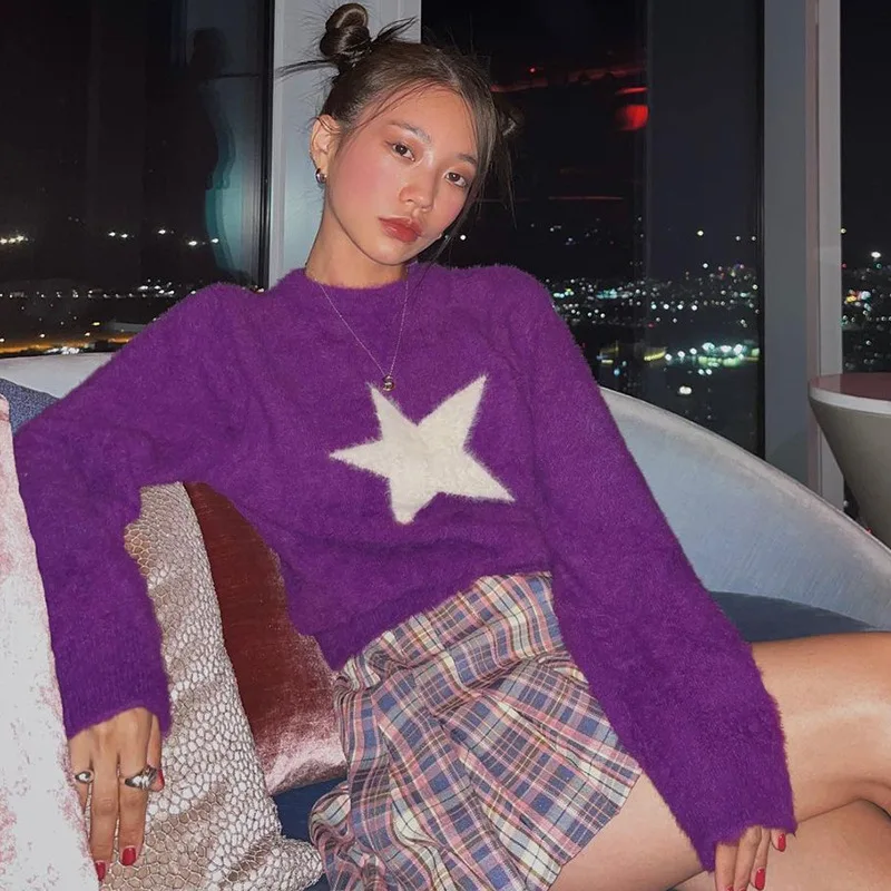 

2022 Autumn New Women's Wear ins Street Purple Tone Advanced Imitation Mink Jacquard Star Woolen Sweater