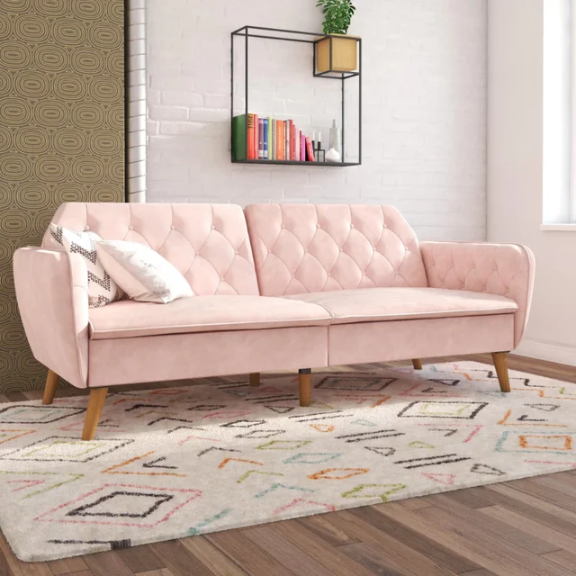 Novogratz Tallulah Memory Foam Futon, Convertible Couch, Pink Velvet 1