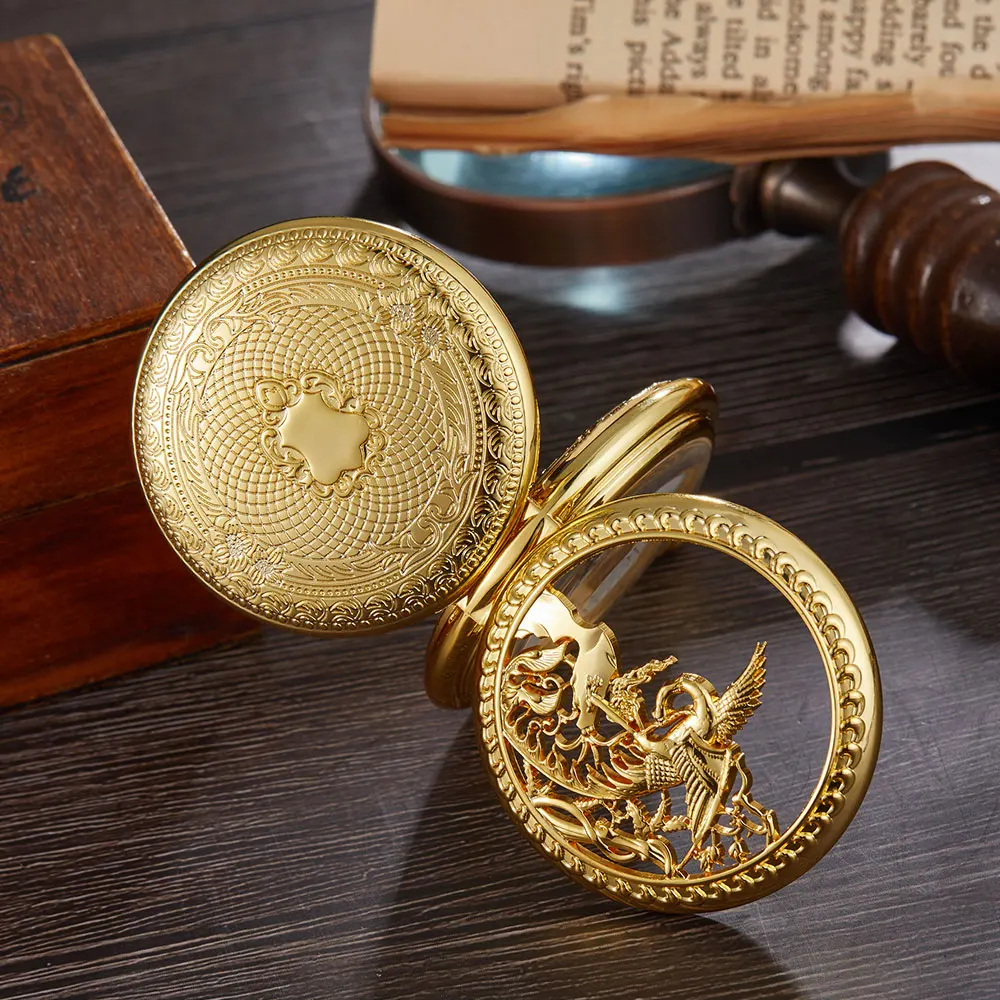 Vintage Mechanical Pocket Watch Hollow Phoenix Bird Roman Double Case Skeleton Clock Hand Winding Men Fob Chain Watches Clock
