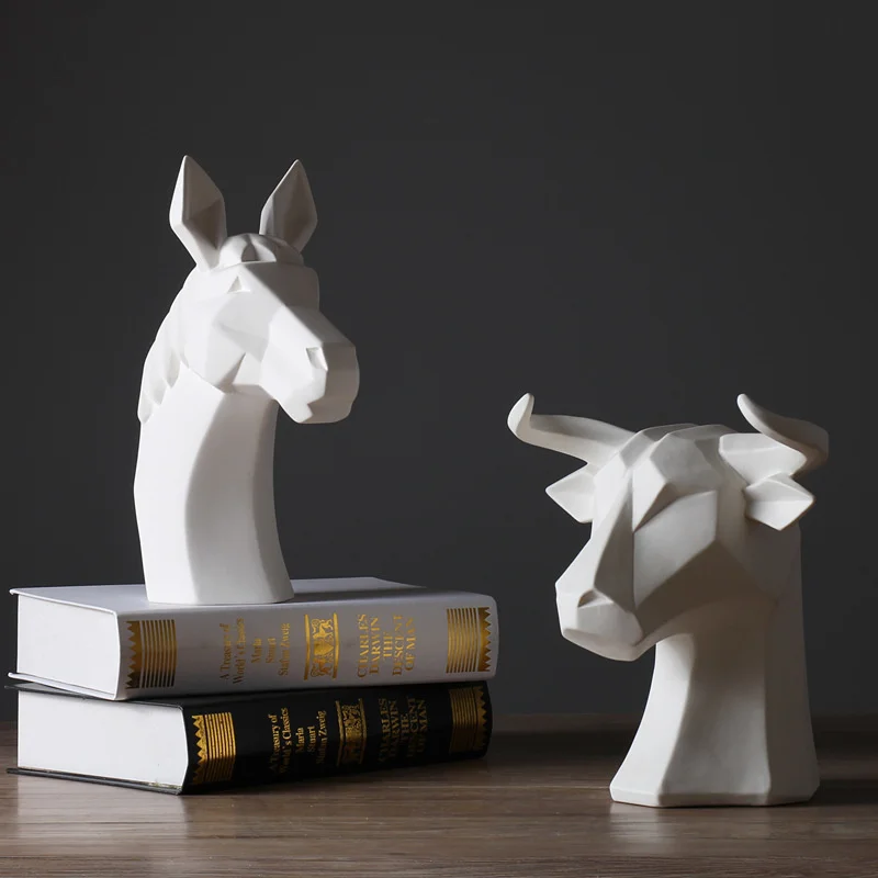 

Abstract Nordic animal white horse head ornaments modern simple hotel living room home decorations