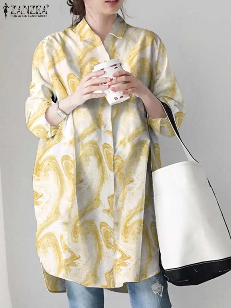 

Модная Осенняя блузка ZANZEA с принтом, с галстуком, женская элегантная рубашка с воротником с отворотом и рукавом 3/4, Свободные повседневные б...