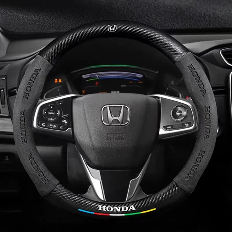 

Car 3D Logo Suede Carbon Fiber Steering Wheel Cover For Honda Civic Accord XRV CRV HRV BRV NSX FIT Jazz Odyssey City Pilot Freed