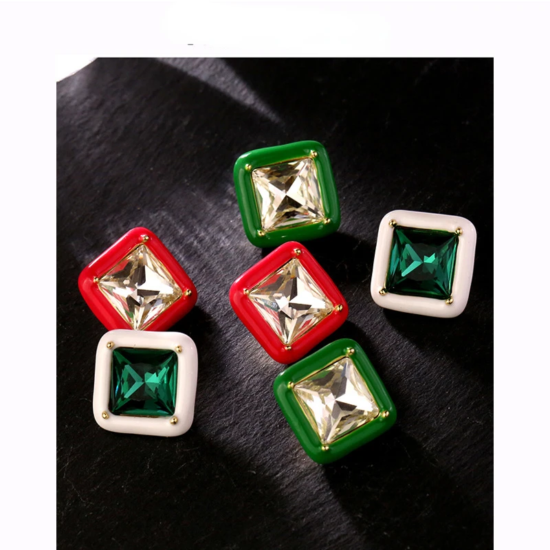 

Gem Color Enamel Drip Glazed Earrings European and American Square All-Match Earrings Love High-Grade Simple Earrings