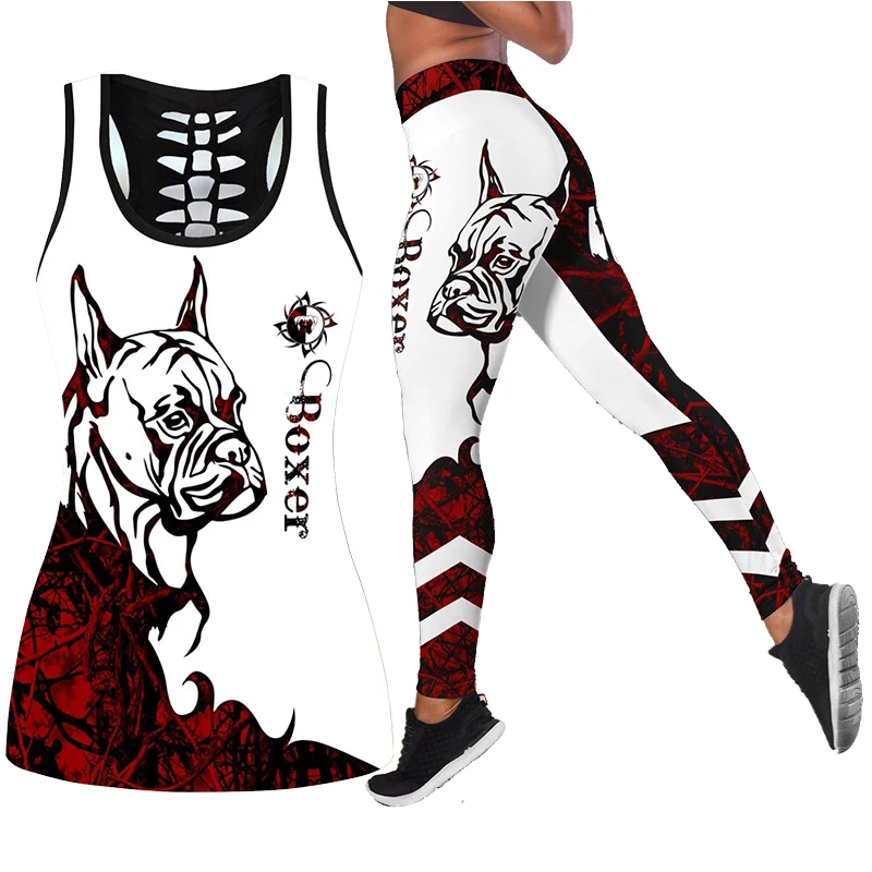 

Women Fashion Boxer 3D Printed Workout Leggings Fitness Sports Gym Running Lift The Hips Yoga Pants Tank Top Yoga Set