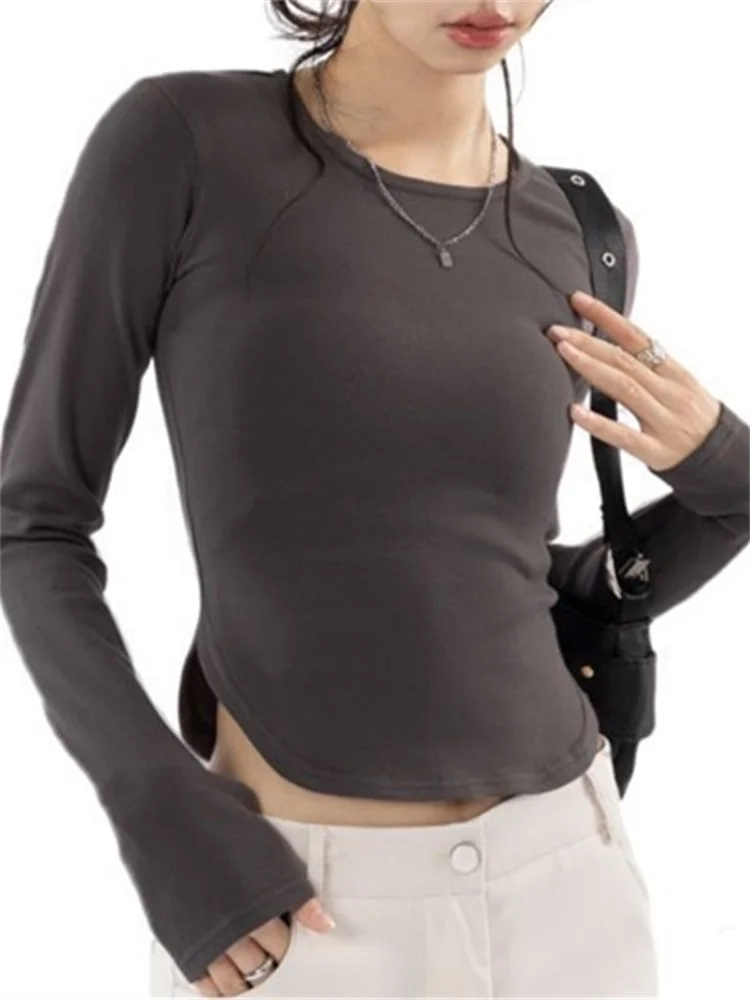 

Футболка CHRONSTYLE Женская с длинным рукавом, повседневный Топ, однотонная Базовая Облегающая рубашка с круглым вырезом и асимметричным подолом, с разрезом, уличная одежда, 2023