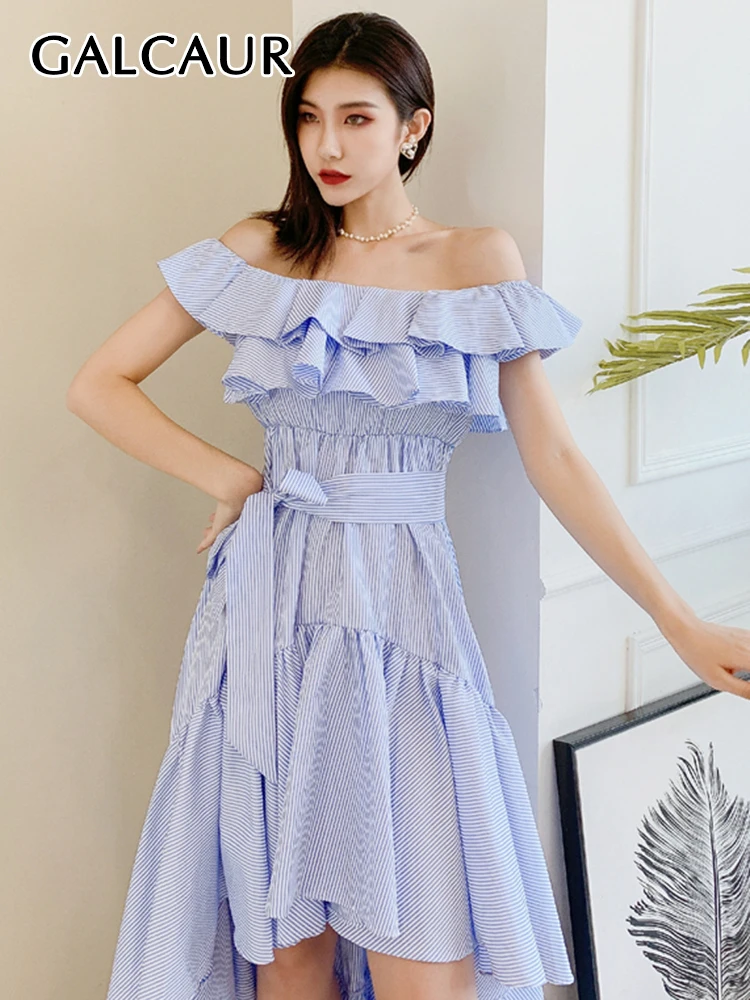 

GALCAUR Striped Dress For Women Slash Neck Lantern Short Sleeve Sashes High Waist Ruffles Asymmetrical Hem Dresses Female 2022