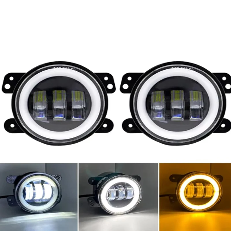 

4-дюймовая светодиодная противотуманная фара «ангельский глаз» Янтарно-белого цвета Halo Ring DRL 6000K Рабочая фара для Jeep Wrangler JK Противотуманная фара для вождения Фара