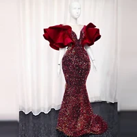 aso ebi v neck ruffle fluffy mermaid sequin evening dress banquet wedding prom plus size dress custom