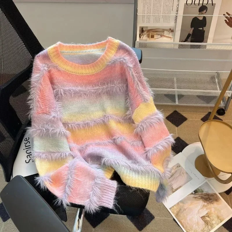 

Y2K Loose Women's Sweaters Knitwear FASHION Jumpers Autumn/Winter Clothing Stripes Cashmere Spliced Women Pullovers