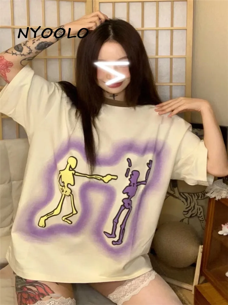 

NYOOLO Harajuku Streetwear Novelty Funny Cartoon Skull Letters Print Short Sleeve T-Shirt Women Clothing 2022 Summer Hip Hop Top