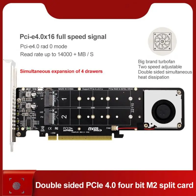 

Double-sided 4-disk NVME Raid PCI-E X16 Split Card PCI—E X16 To M.2 M-key NVME X4SSD RAID Expansion Card Adapter With Turbofan