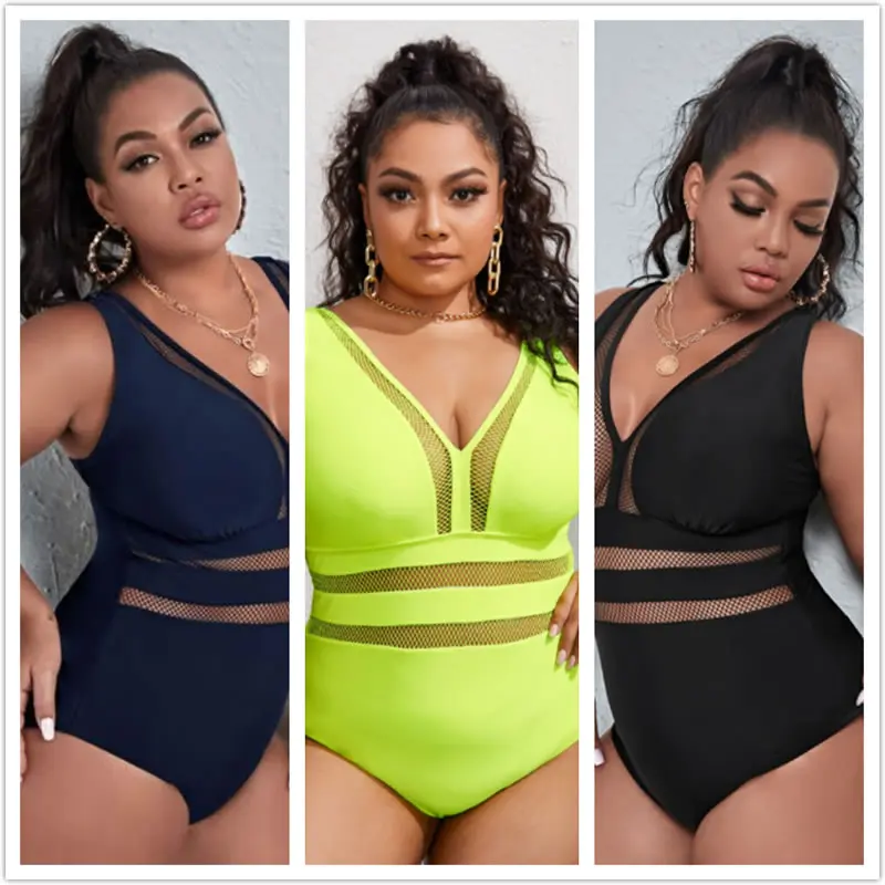 

Vintage Cut Piece Mesh 2022 Summer Bodysuit Monokini One 3XL Retro Size High Big Women Bathing 4XL Swimwear Deep-V Suits